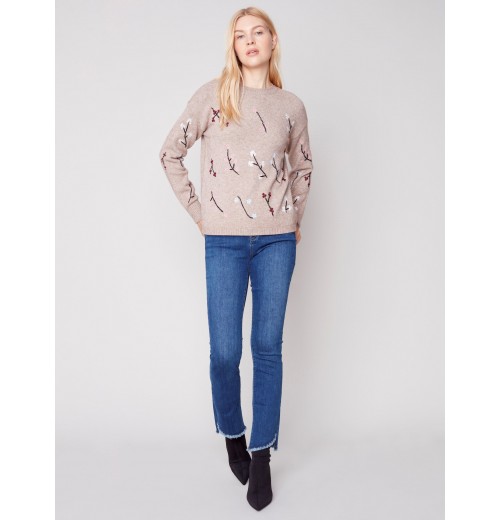 Embroidered Round Neck Sweater - Almond Embroidered Round Neck Sweater - Almond