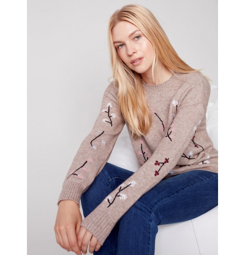 Embroidered Round Neck Sweater - Almond Embroidered Round Neck Sweater - Almond