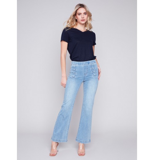 Flare Jeans with Decorative Buttons - Light Blue Flare Jeans with Decorative Buttons - Light Blue
