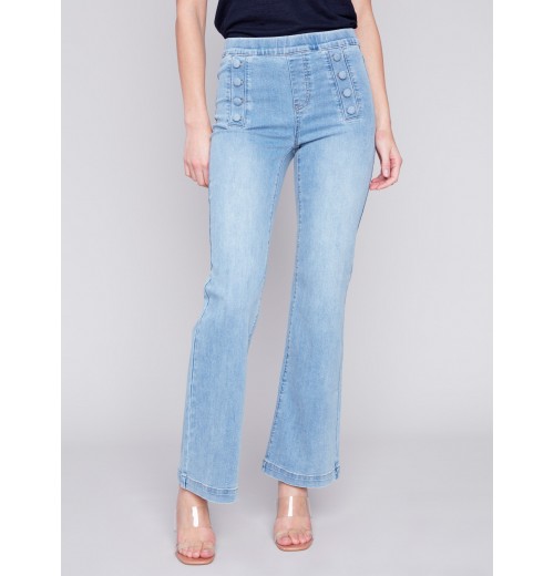 Flare Jeans with Decorative Buttons - Light Blue Flare Jeans with Decorative Buttons - Light Blue