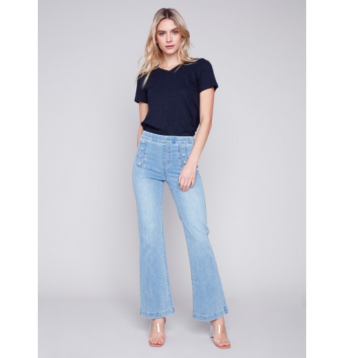 Flare Jeans with Decorative Buttons - Light Blue Flare Jeans with Decorative Buttons - Light Blue