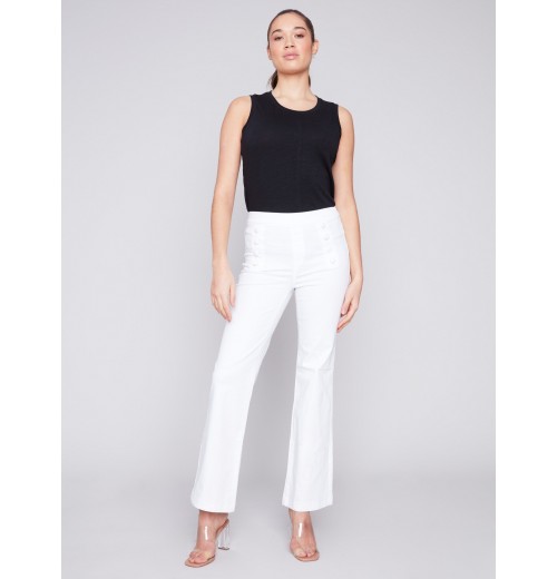 Flare Twill Pants with Decorative Buttons - White Flare Twill Pants with Decorative Buttons - White