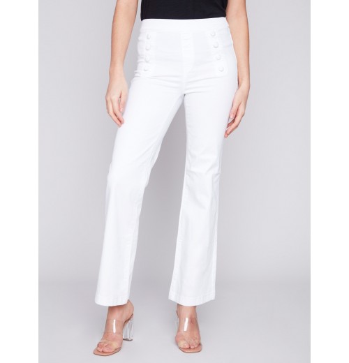 Flare Twill Pants with Decorative Buttons - White Flare Twill Pants with Decorative Buttons - White