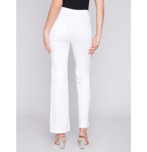 Flare Twill Pants with Decorative Buttons - White Flare Twill Pants with Decorative Buttons - White