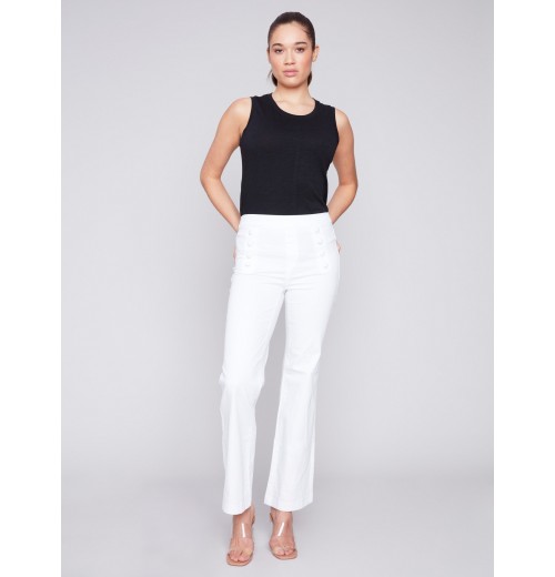 Flare Twill Pants with Decorative Buttons - White Flare Twill Pants with Decorative Buttons - White