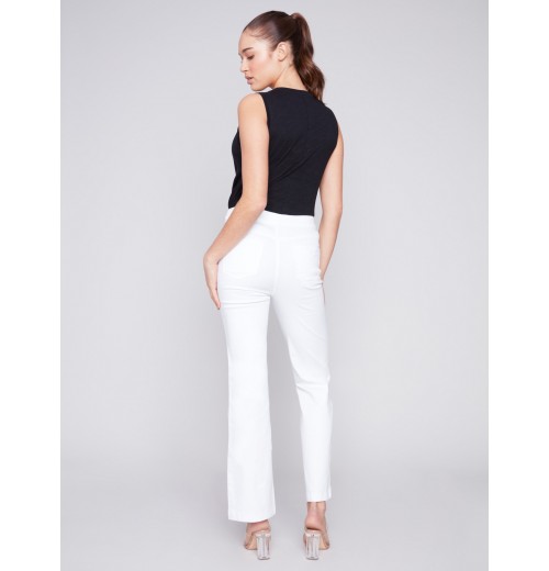 Flare Twill Pants with Decorative Buttons - White Flare Twill Pants with Decorative Buttons - White
