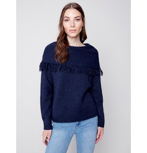 Fringed Cowl Neck Sweater - Denim Fringed Cowl Neck Sweater - Denim