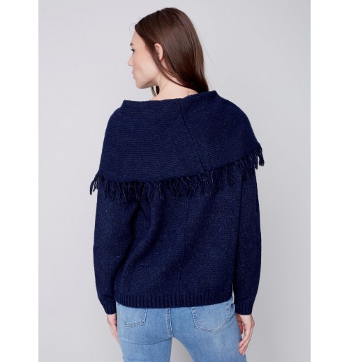 Fringed Cowl Neck Sweater - Denim Fringed Cowl Neck Sweater - Denim