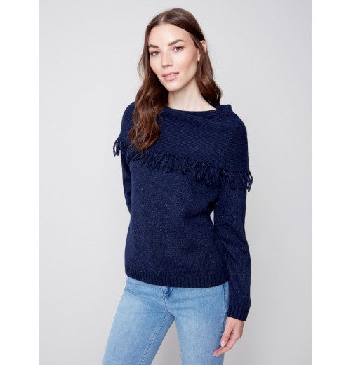 Fringed Cowl Neck Sweater - Denim Fringed Cowl Neck Sweater - Denim