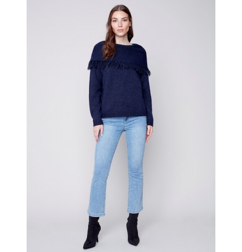 Fringed Cowl Neck Sweater - Denim Fringed Cowl Neck Sweater - Denim