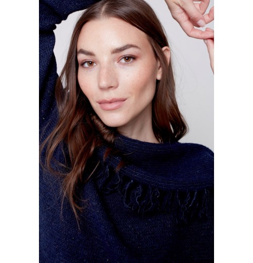 Fringed Cowl Neck Sweater - Denim Fringed Cowl Neck Sweater - Denim