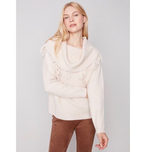 Fringed Cowl Neck Sweater - Ecru Fringed Cowl Neck Sweater - Ecru