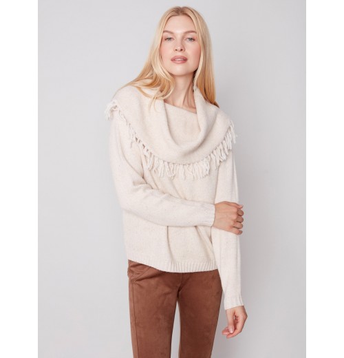 Fringed Cowl Neck Sweater - Ecru Fringed Cowl Neck Sweater - Ecru