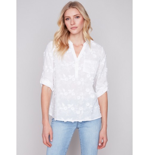 Half-Button Embroidered Cotton Blouse - White Half-Button Embroidered Cotton Blouse - White