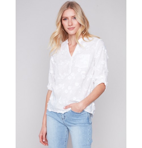 Half-Button Embroidered Cotton Blouse - White Half-Button Embroidered Cotton Blouse - White