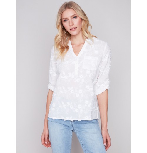 Half-Button Embroidered Cotton Blouse - White Half-Button Embroidered Cotton Blouse - White