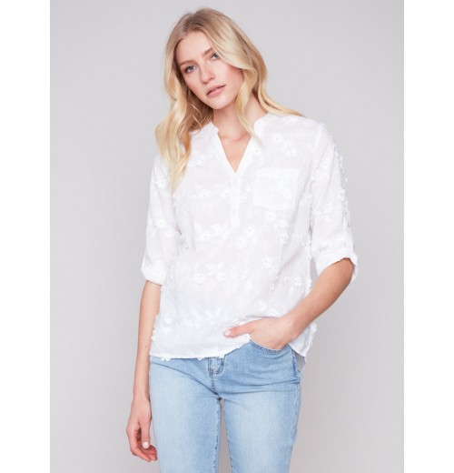Half-Button Embroidered Cotton Blouse - White Half-Button Embroidered Cotton Blouse - White