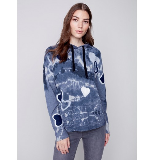 Hooded Sweater with Graffiti Print - Denim Hooded Sweater with Graffiti Print - Denim
