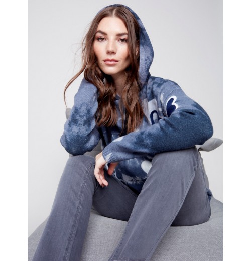 Hooded Sweater with Graffiti Print - Denim Hooded Sweater with Graffiti Print - Denim