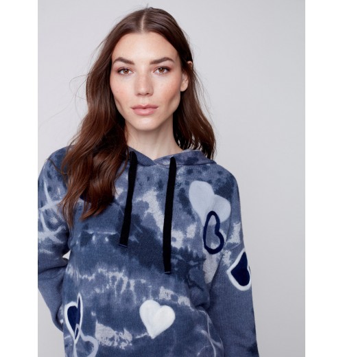 Hooded Sweater with Graffiti Print - Denim Hooded Sweater with Graffiti Print - Denim