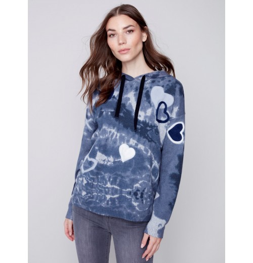 Hooded Sweater with Graffiti Print - Denim Hooded Sweater with Graffiti Print - Denim