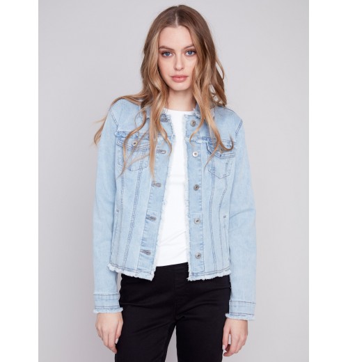 Jean Jacket with Frayed Edges - Bleach Blue Jean Jacket with Frayed Edges - Bleach Blue