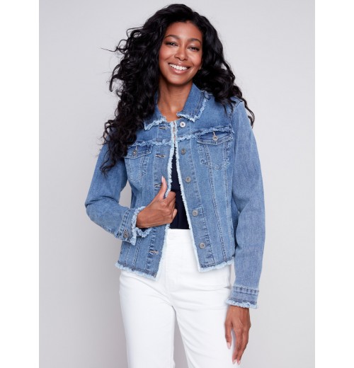 Jean Jacket with Frayed Edges - Medium Blue Jean Jacket with Frayed Edges - Medium Blue