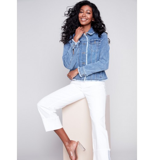 Jean Jacket with Frayed Edges - Medium Blue Jean Jacket with Frayed Edges - Medium Blue