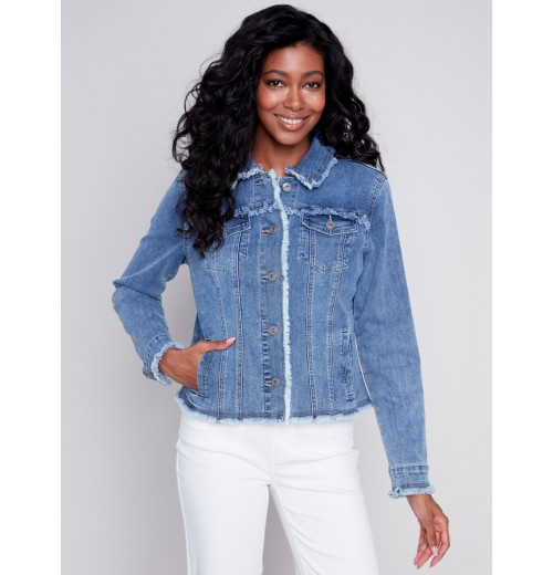 Jean Jacket with Frayed Edges - Medium Blue Jean Jacket with Frayed Edges - Medium Blue