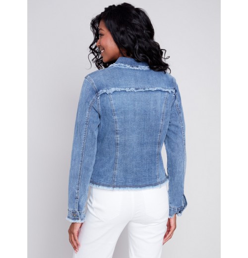 Jean Jacket with Frayed Edges - Medium Blue Jean Jacket with Frayed Edges - Medium Blue