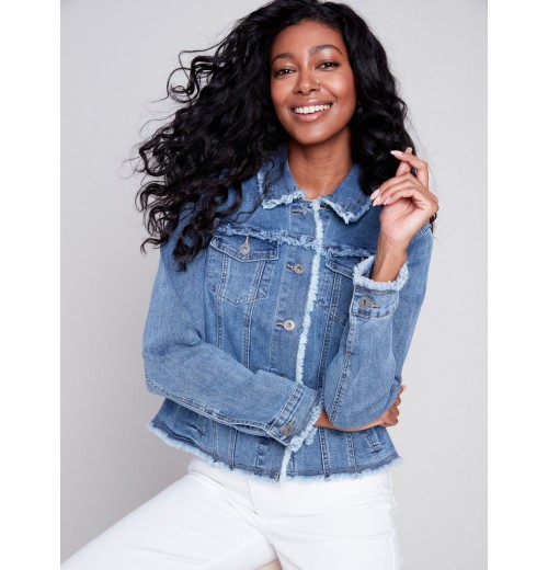 Jean Jacket with Frayed Edges - Medium Blue Jean Jacket with Frayed Edges - Medium Blue