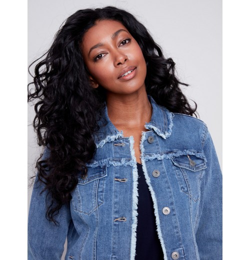 Jean Jacket with Frayed Edges - Medium Blue Jean Jacket with Frayed Edges - Medium Blue