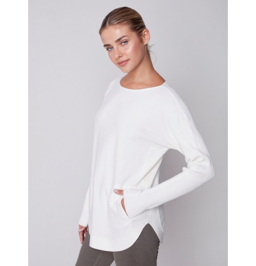 Knit Sweater with Back Lace-up Detail - Ecru Knit Sweater with Back Lace-up Detail - Ecru