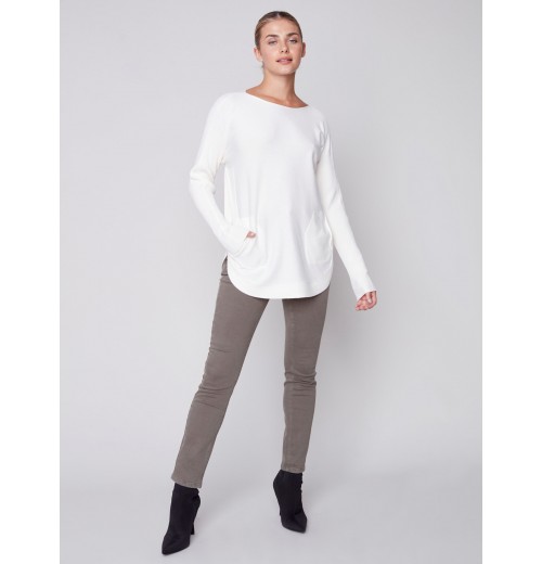 Knit Sweater with Back Lace-up Detail - Ecru Knit Sweater with Back Lace-up Detail - Ecru