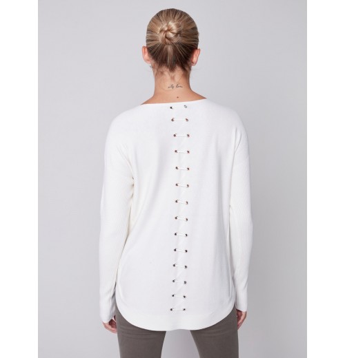 Knit Sweater with Back Lace-up Detail - Ecru Knit Sweater with Back Lace-up Detail - Ecru