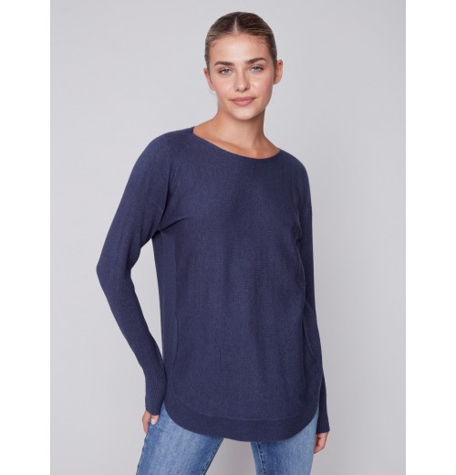 Knit Sweater with Back Lace-up Detail - Denim Knit Sweater with Back Lace-up Detail - Denim
