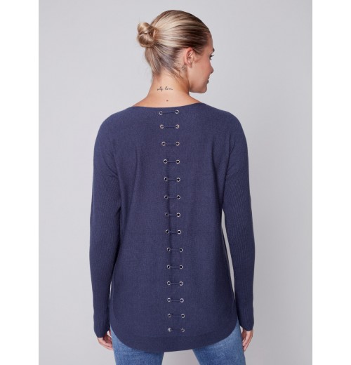 Knit Sweater with Back Lace-up Detail - Denim Knit Sweater with Back Lace-up Detail - Denim
