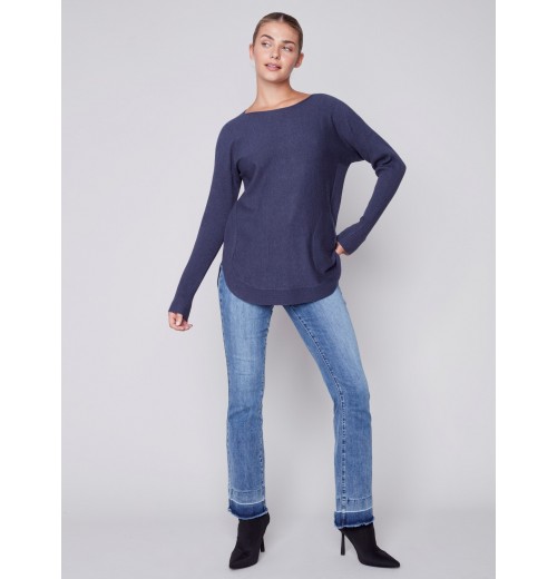 Knit Sweater with Back Lace-up Detail - Denim Knit Sweater with Back Lace-up Detail - Denim