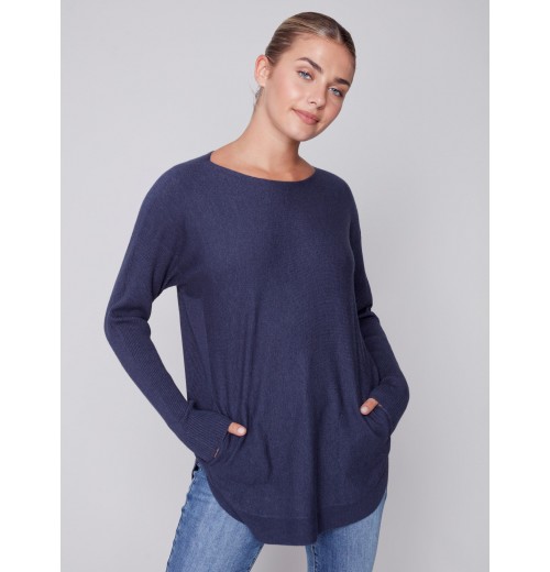 Knit Sweater with Back Lace-up Detail - Denim Knit Sweater with Back Lace-up Detail - Denim