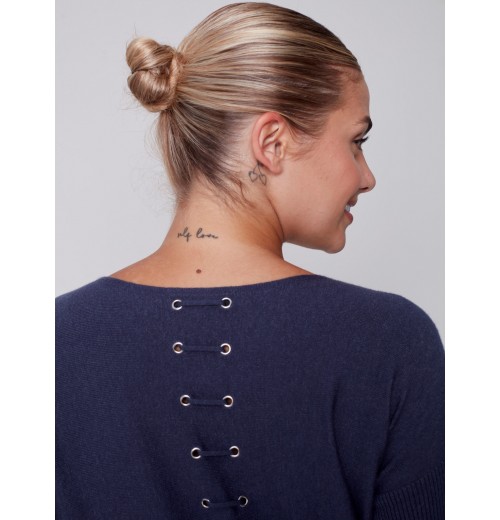 Knit Sweater with Back Lace-up Detail - Denim Knit Sweater with Back Lace-up Detail - Denim