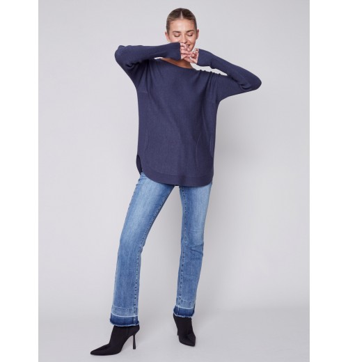Knit Sweater with Back Lace-up Detail - Denim Knit Sweater with Back Lace-up Detail - Denim