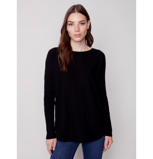 Knit Sweater with Back Lace-up Detail - Black Knit Sweater with Back Lace-up Detail - Black