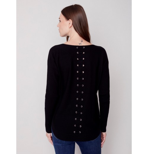 Knit Sweater with Back Lace-up Detail - Black Knit Sweater with Back Lace-up Detail - Black