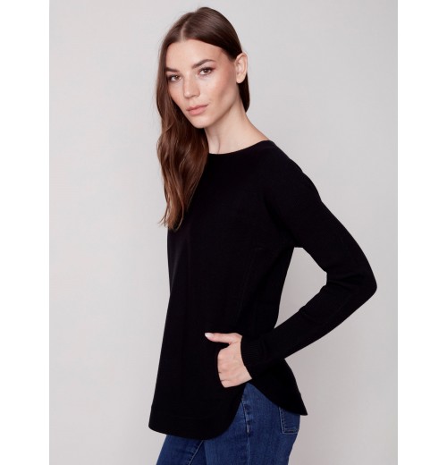 Knit Sweater with Back Lace-up Detail - Black Knit Sweater with Back Lace-up Detail - Black