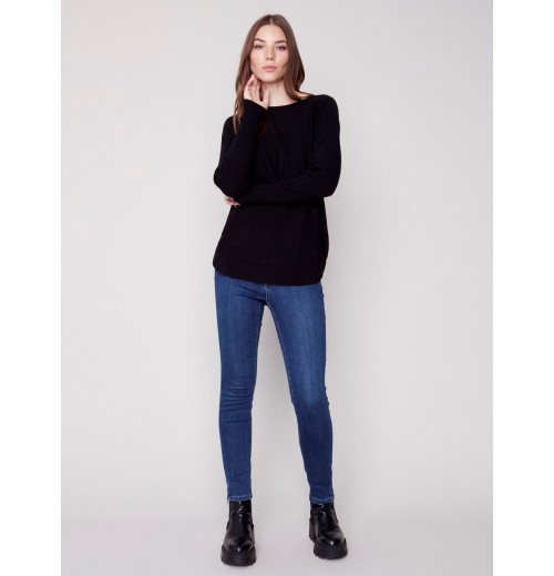 Knit Sweater with Back Lace-up Detail - Black Knit Sweater with Back Lace-up Detail - Black