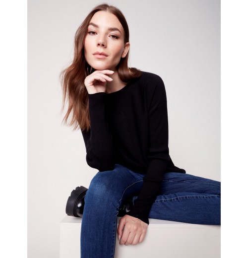 Knit Sweater with Back Lace-up Detail - Black Knit Sweater with Back Lace-up Detail - Black