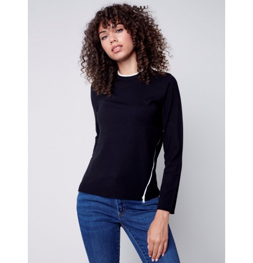 Knit Sweater with Diagonal Zipper Detail - Black Knit Sweater with Diagonal Zipper Detail - Black