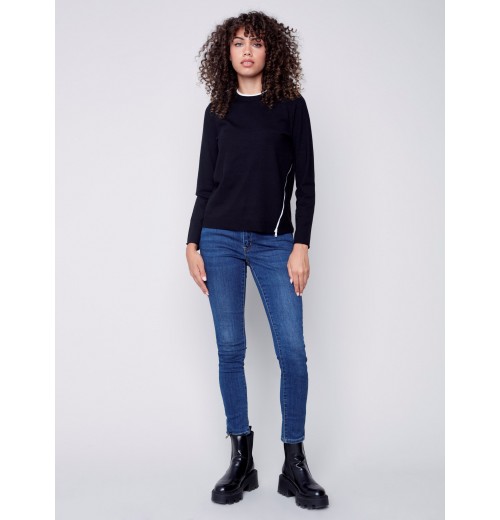 Knit Sweater with Diagonal Zipper Detail - Black Knit Sweater with Diagonal Zipper Detail - Black