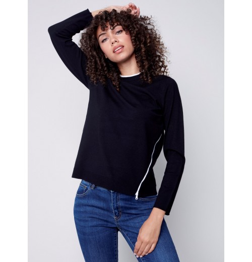 Knit Sweater with Diagonal Zipper Detail - Black Knit Sweater with Diagonal Zipper Detail - Black
