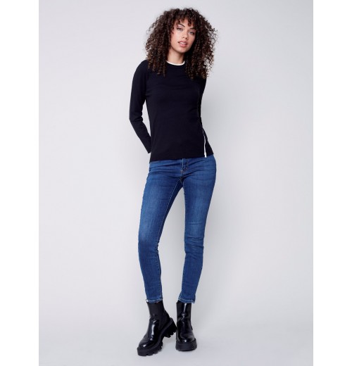 Knit Sweater with Diagonal Zipper Detail - Black Knit Sweater with Diagonal Zipper Detail - Black